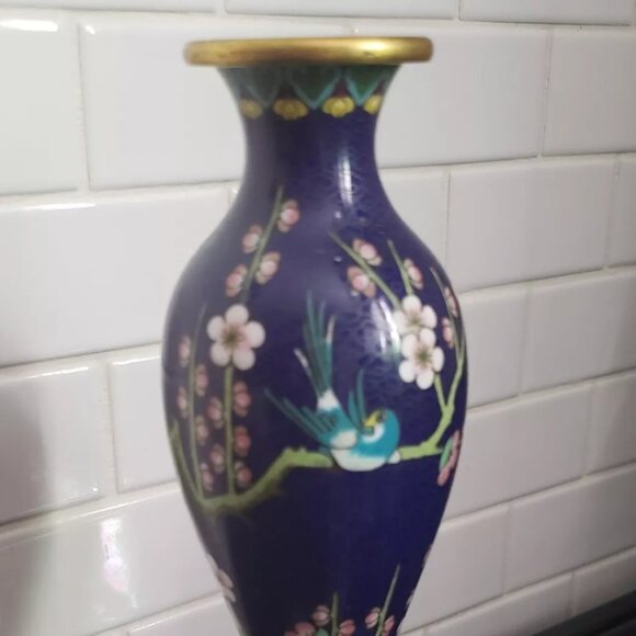 Vintage Asian-Inspired Vase Dark Blue Pink Floral Flower Bird Multicolored Decor - Picture 1 of 14